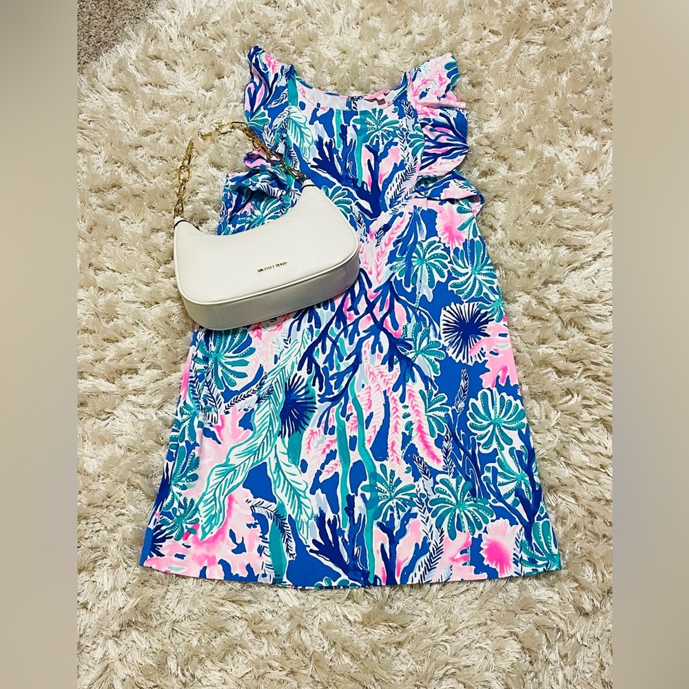 NWOT Lilly Pulitzer Esmeralda Jet Stream Blue Floral Ruffle Sleeve Shift Dress